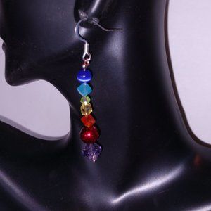Rainbow Dangle Earrings Beaded on Silvertone Fishhook Wires Handmade 2.25In
